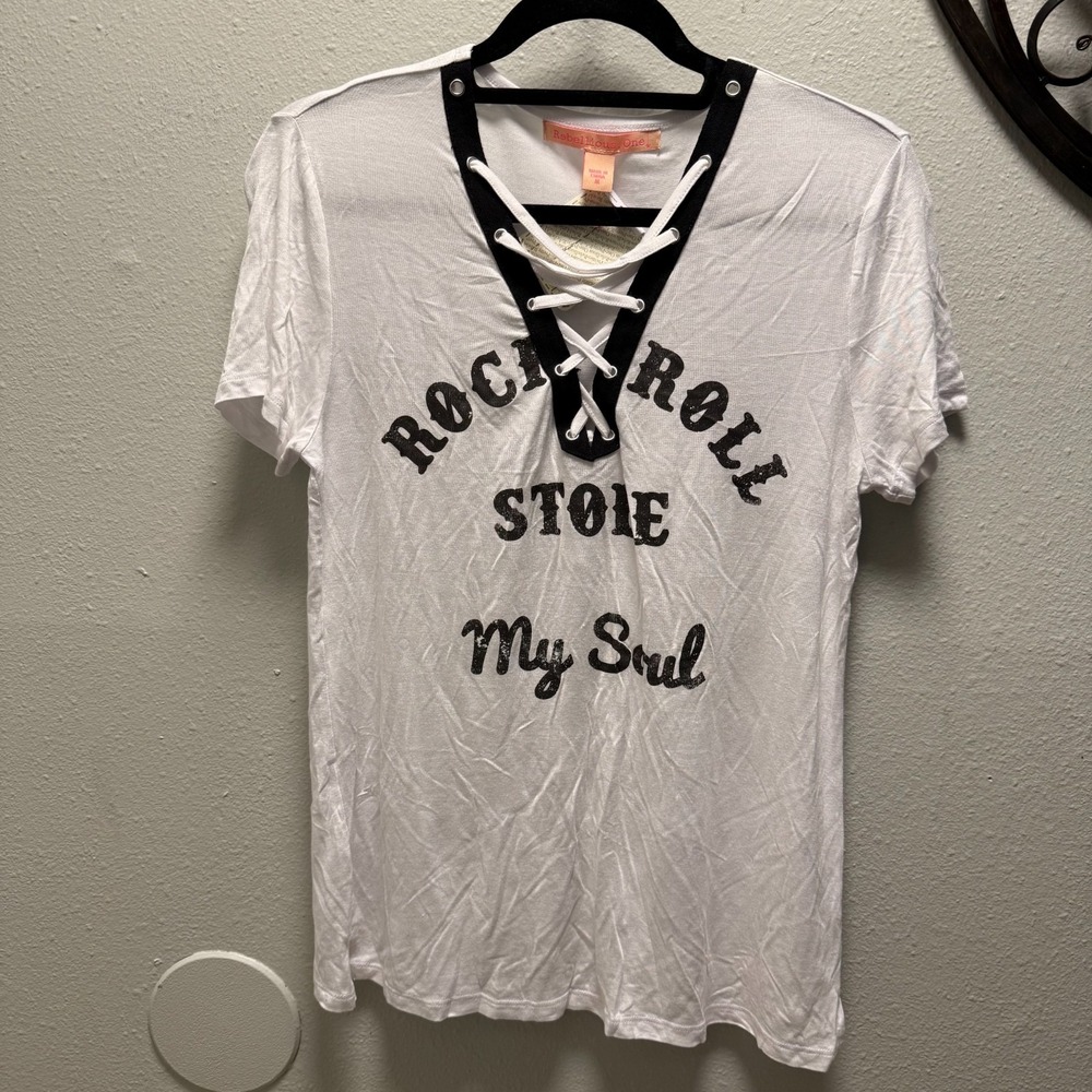 Rebellious One Rock & Roll Stole My Soul Lace Up Graphic Tee Sz M White